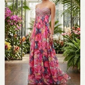 Jovani Maxi Gown womens Sz 4 Floral Sequin Dress Empire Formal Pageant Prom